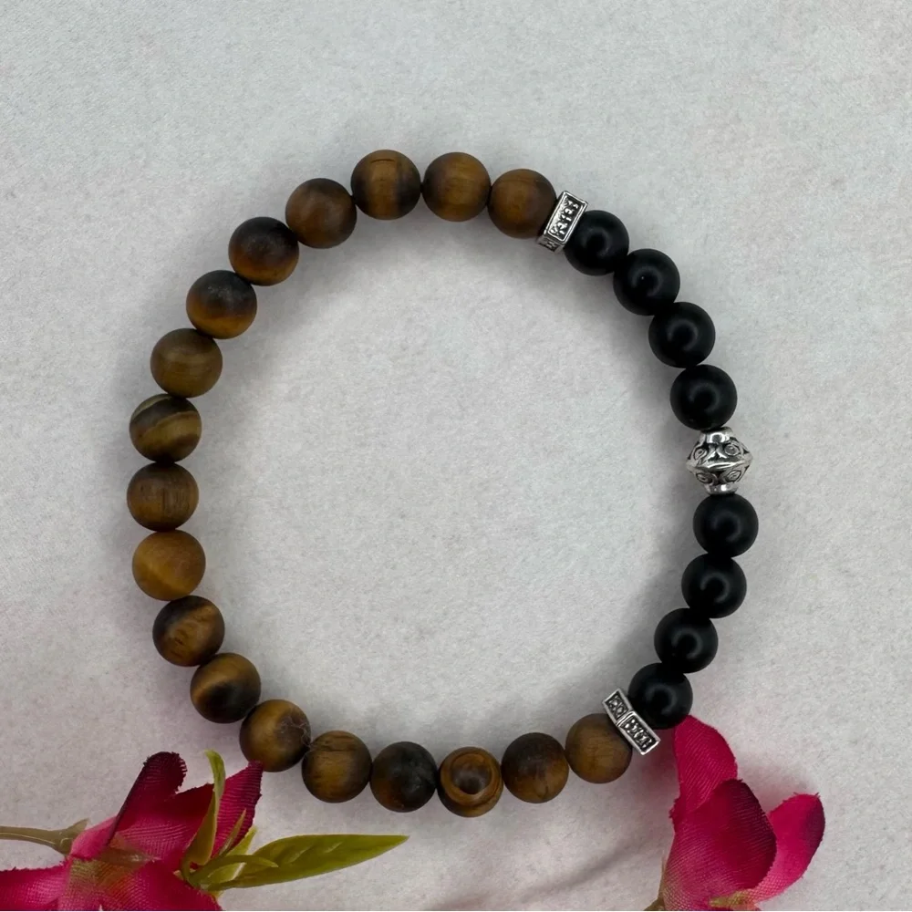 HAND CRAFTED Matte Onyx & Tiger Eye Beaded Stretch Bracelet 6.0” Circumference